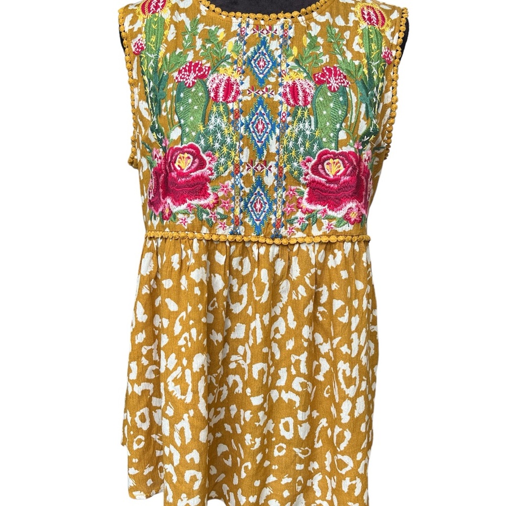 Savanna Jane Mustard Yellow Embroidered Floral Tank Top with Pink Accents